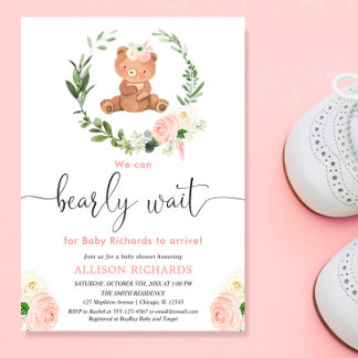Pink floral teddy bear greenery girl baby shower invitation