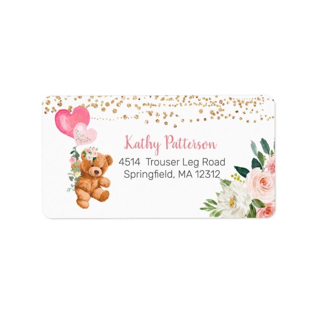 Pink Floral Teddy Bear Return Address Label (Front)