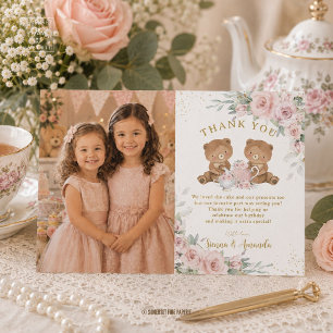 Pink Floral Teddy Bears Tea Party Birthday Photo Thank You Card