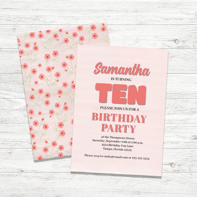 Pink Floral Tenth Birthday Girl Party Template (Girl's tenth birthday invitation)