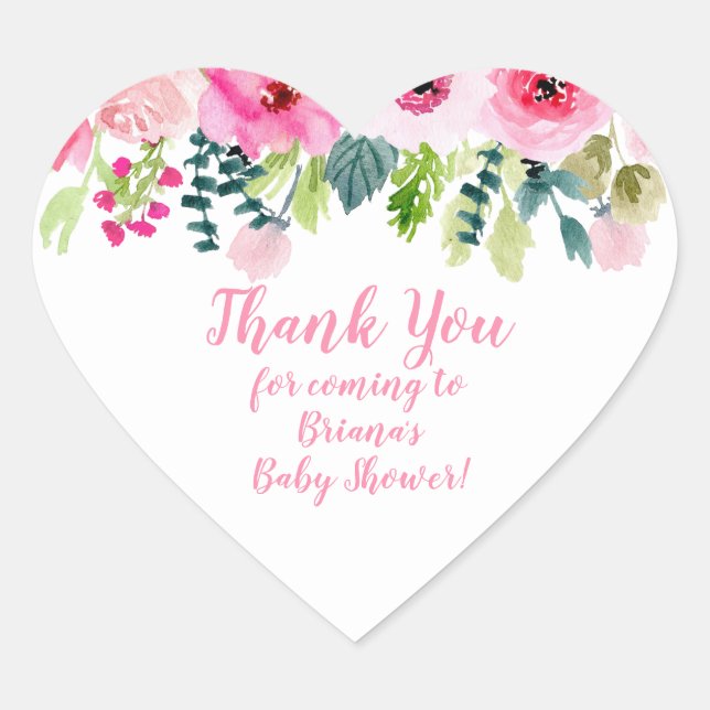 Pink Floral Thank You Baby Shower Favours Heart St Sticker (Front)