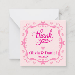 Pink Floral Thank You, Elegant Calligraphy Wedding Card