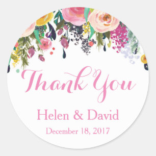 Pink Floral Thank You Wedding Favour Stickers