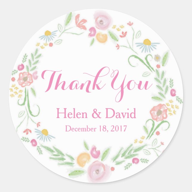Pink Floral Thank You Wedding Favour Stickers (Front)