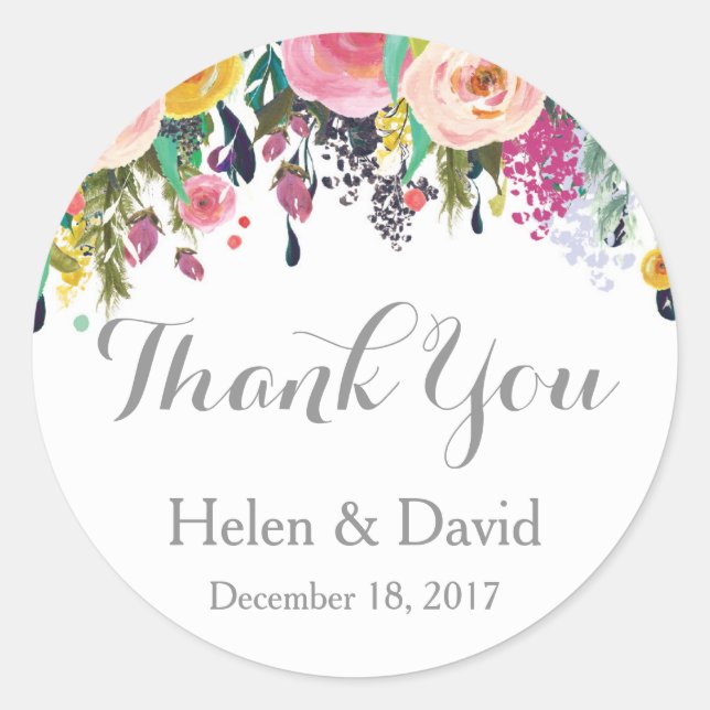 Pink Floral Thank You Wedding Favour Stickers (Front)