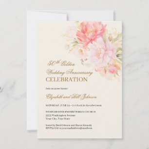 Pink Floral Theme Gold 50th Wedding Anniversary Invitation