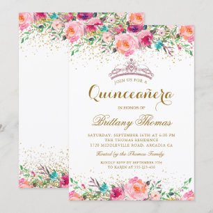 Pink Floral Tiara Quinceanera 15th Birthday Invite