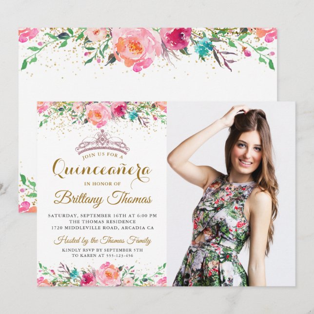Pink Floral Tiara Quinceanera 15th Birthday Photo Invitation (Front/Back)