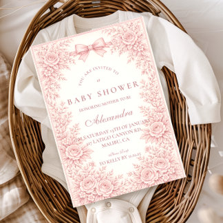 Pink Floral Toile Baby Shower Invitation