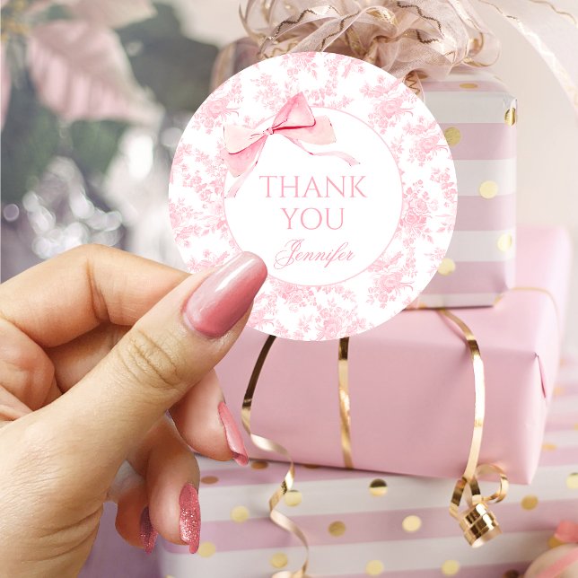 Pink  Floral Toile Bow Ribbon Baby Girl Shower  Classic Round Sticker (Creator Uploaded)