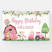 Pink Floral Tractor barn Farm Birthday Backdrop
