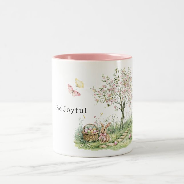 Pink Floral Tree Bunny Easter Eggs Joy Two-Tone Coffee Mug (Center)