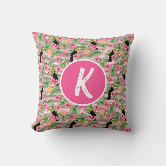 Pink Floral Tropical Bird Monogram Throw Pillow (Front)