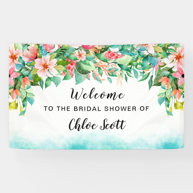 Pink Floral Tropical Bridal Shower Welcome Banner (Horizontal)