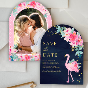 Pink Floral Tropical Flamingo Navy Photo Wedding Save The Date