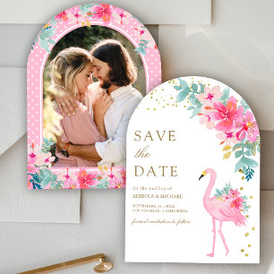 Pink Floral Tropical Flamingo Photo Wedding Save The Date