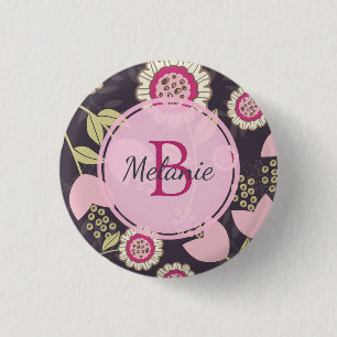 Pink Floral Tulip Pattern Monogram 3 Cm Round Badge