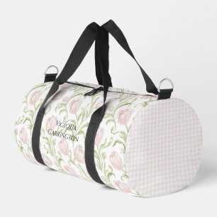 Pink Floral Tulips Gingham Vintage Duffle Bag