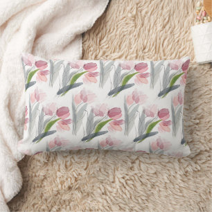 Pink Floral Tulips  Sage Green Leaves White Lumbar Cushion