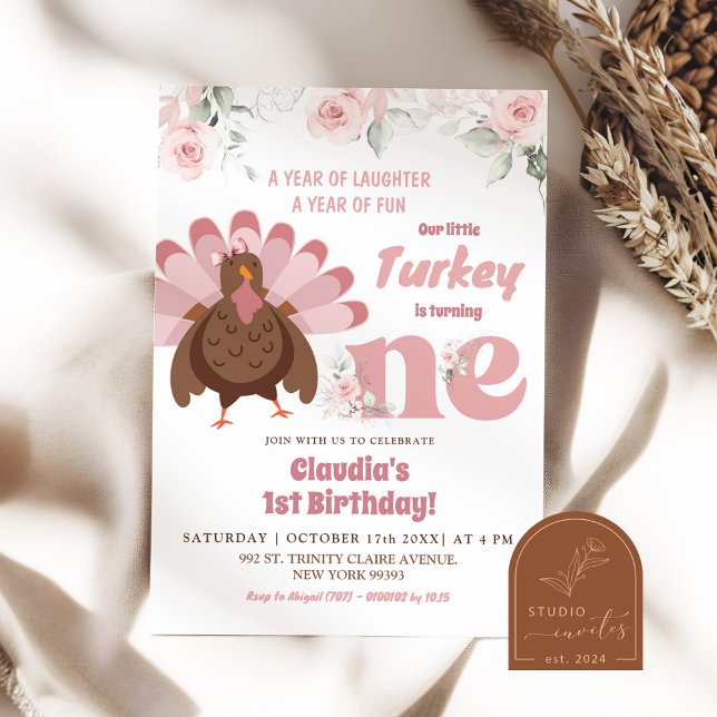 Pink Floral Turkey First Birthday Girl Invitation (Creator Uploaded)