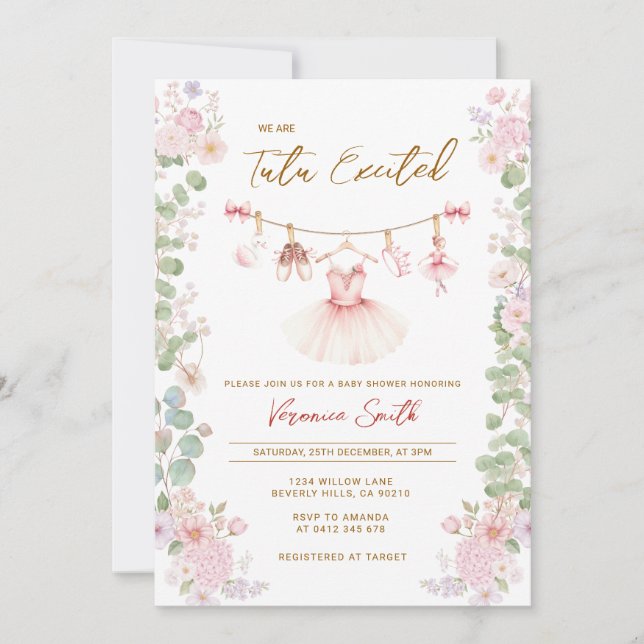 Pink Floral Tutu Excited Ballerina Baby Shower  Invitation (Front)