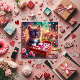 Pink Floral Tuxedo Kitten Heart Fantasy Valentine Holiday Card