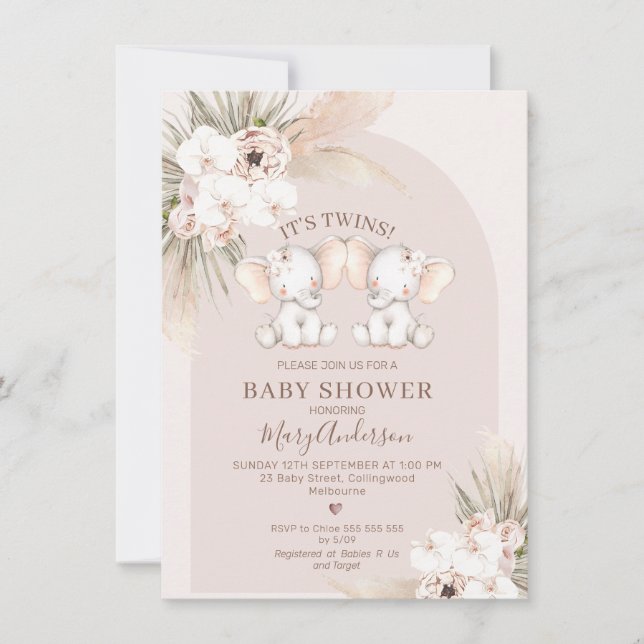 Pink Floral Twin Arch Elephants Baby Shower Invitation (Front)