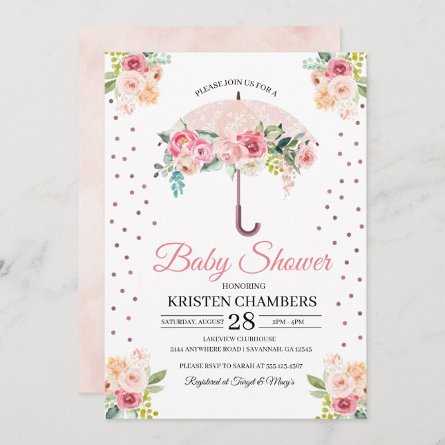 Pink Floral Umbrella Baby Shower Invitation (Front/Back)