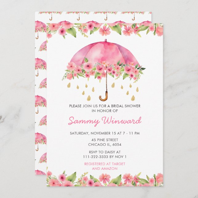 Pink Floral Umbrella Bridal Shower Invitation (Front/Back)