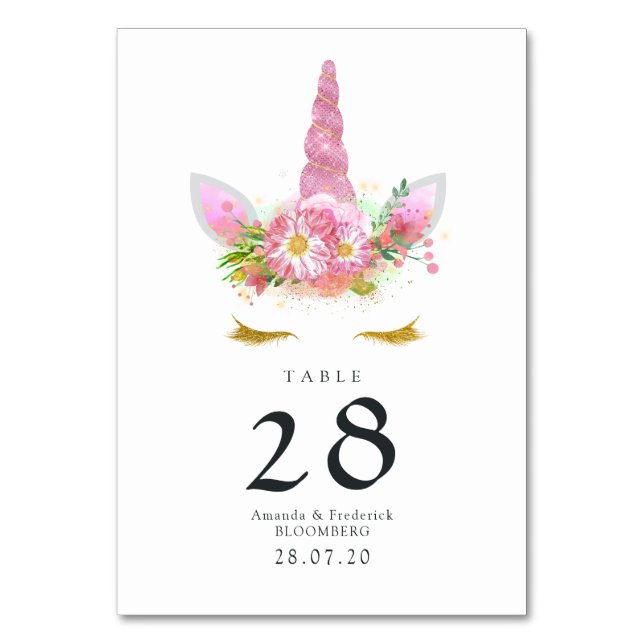 Pink Floral Unicorn Baby Shower Table Number (Front)
