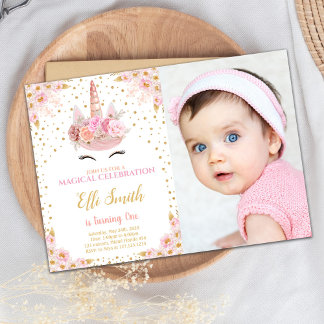 Pink Floral Unicorn Birthday Invitation with Photo