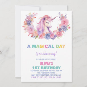 Pink Floral Unicorn Birthday Invitations