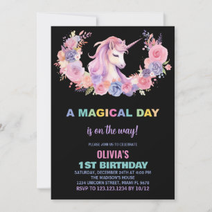 Pink Floral Unicorn Birthday Invitations