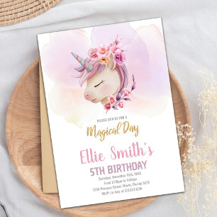 Pink Floral Unicorn Birthday Invitations