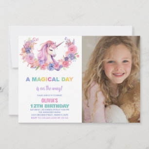 Pink Floral Unicorn Birthday Invitations photo