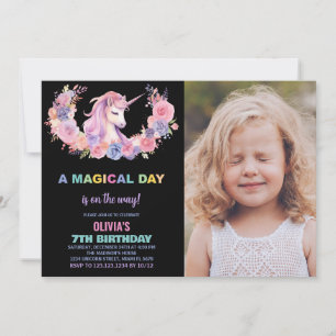 Pink Floral Unicorn Birthday Invitations photo