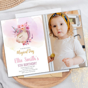 Pink Floral Unicorn Birthday Invitations w photo