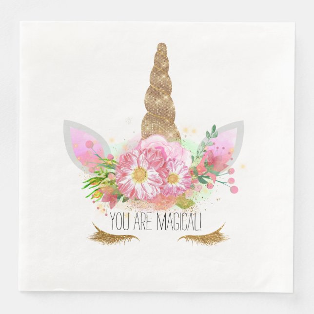 Pink Floral Unicorn Birthday Napkin (Front)