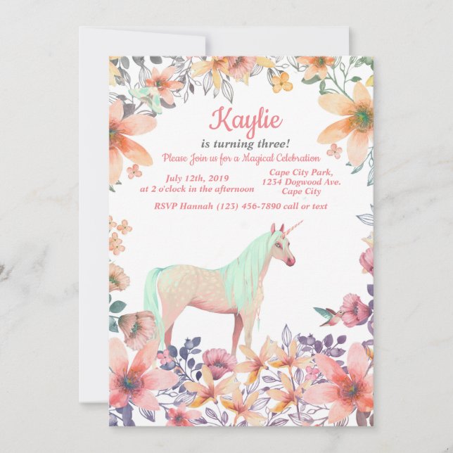 Pink Floral Unicorn Birthday Party Invite (Front)
