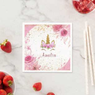 Pink Floral Unicorn Birthday Party Napkin
