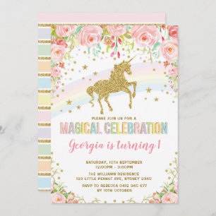 Pink Floral Unicorn Magical Birthday Rainbow Party Invitation