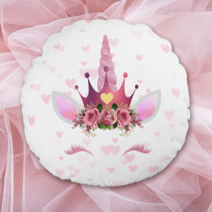 Pink Floral Unicorn on Hearts Valentine Round Cushion