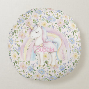 Pink Floral Unicorn Rainbow Round Cushion