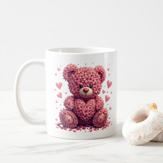 Pink Floral Valentine Teddy Bear Coffee Mug (With Donut)