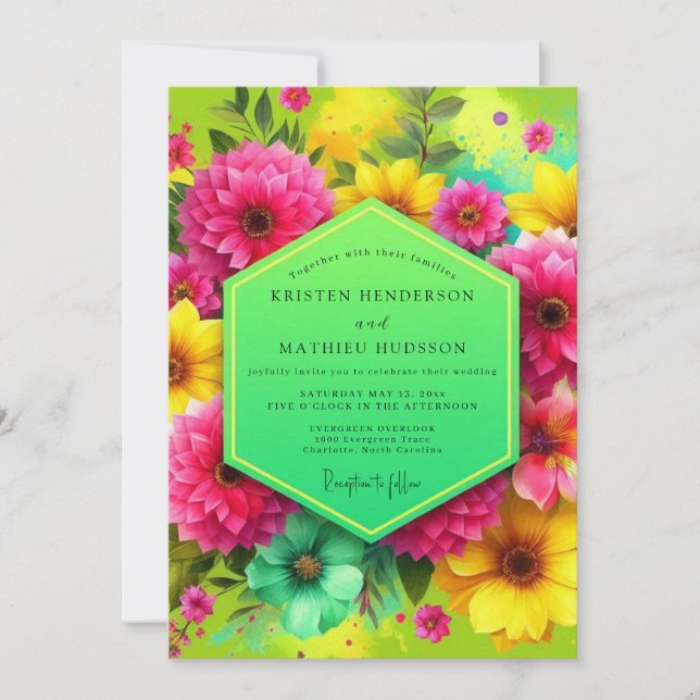 Pink Floral Vibrant Bloom Wedding Invitation (Front)