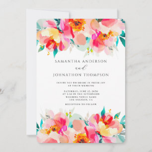 Pink Floral Vibrant Watercolor Wedding Invitation