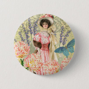 Pink Floral Victorian Woman Regency 6 Cm Round Badge