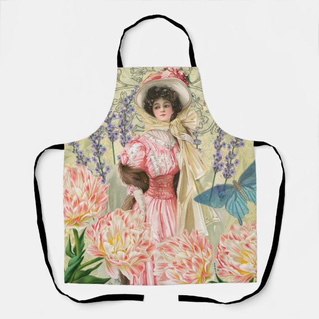 Pink Floral Victorian Woman Regency Apron (Front)
