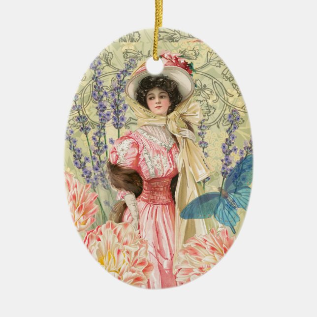 Pink Floral Victorian Woman Regency Ceramic Ornament (Front)