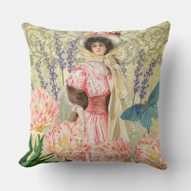 Pink Floral Victorian Woman Regency Cushion (Front)
